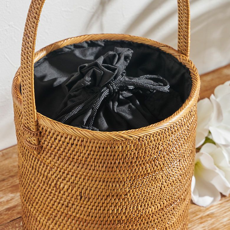 かごバッグ バリ島 アタバッグ 浴衣 巾着付き 筒形 バッグ アジアン