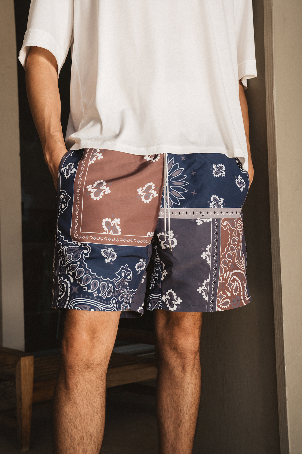 PATCHWORK NYLON PAISLEY SHORT - BLUE/MULTI – RICHIE LE COLLECTION