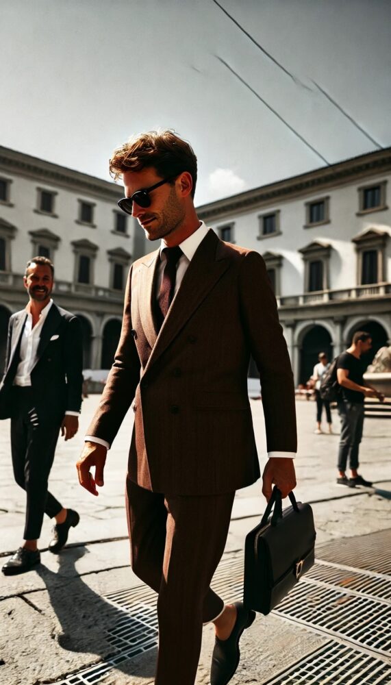 ダブルブレストブラウンスーツとボルドーネクタイで洗練された秋の