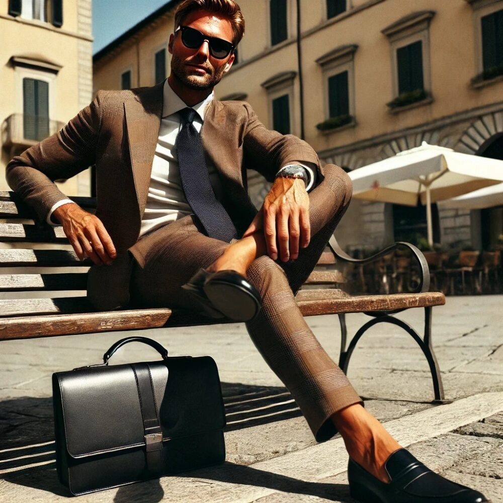 ブラウンスーツ×ネイビータイで上品にまとめる秋のスタイル