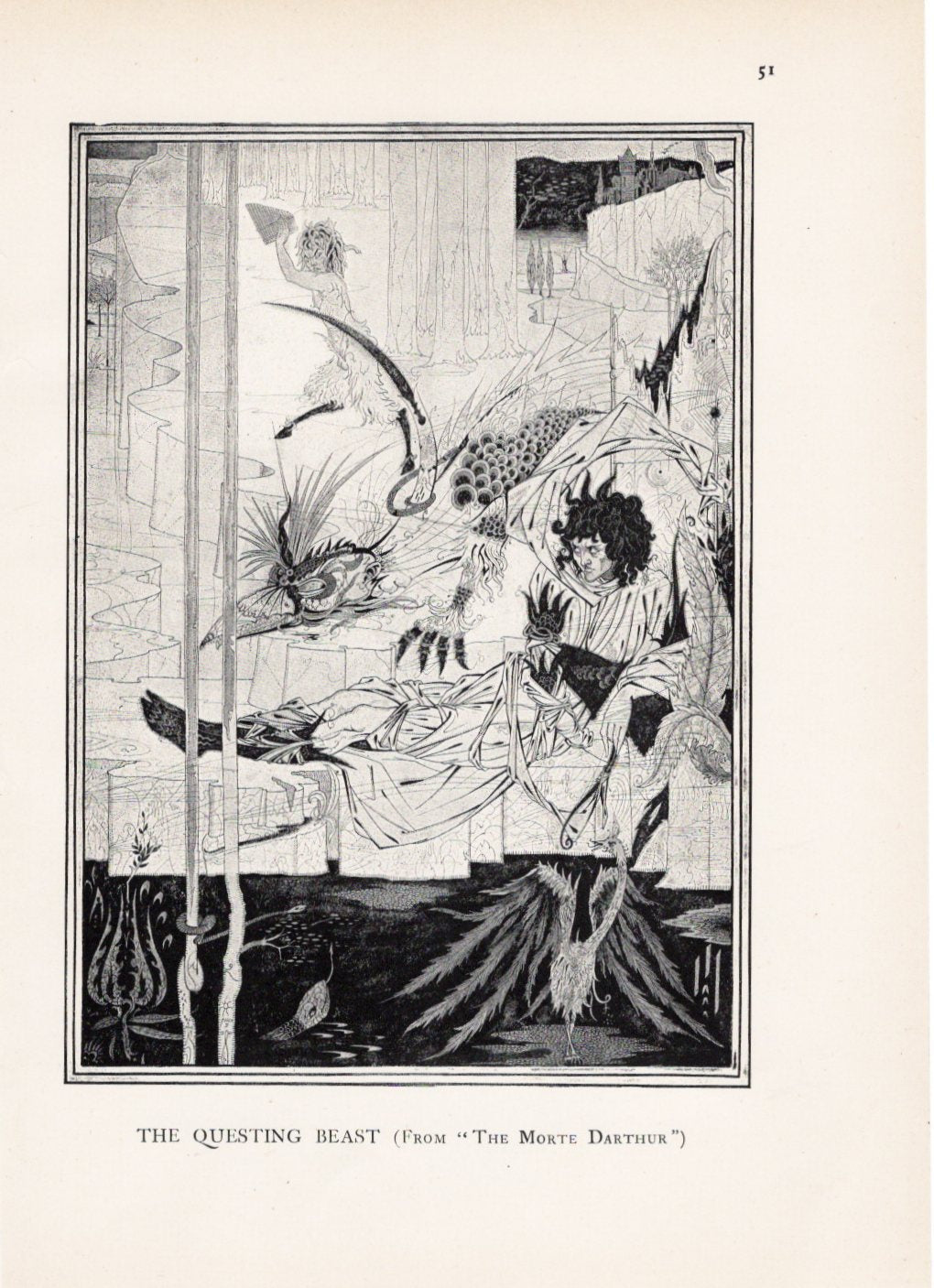 オーブリー・ビアズリー≪アーサー王と唸る獣≫『アーサー王の死』より