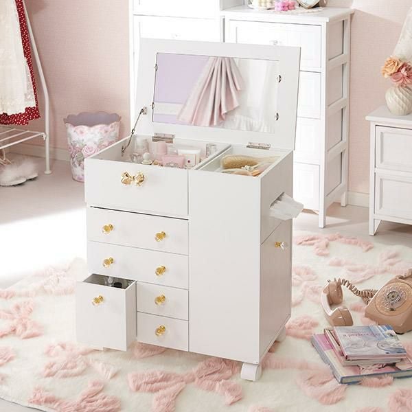 直送】たっぷり収納コスメワゴン/リボン＆クリスタル取っ手｜かわいい