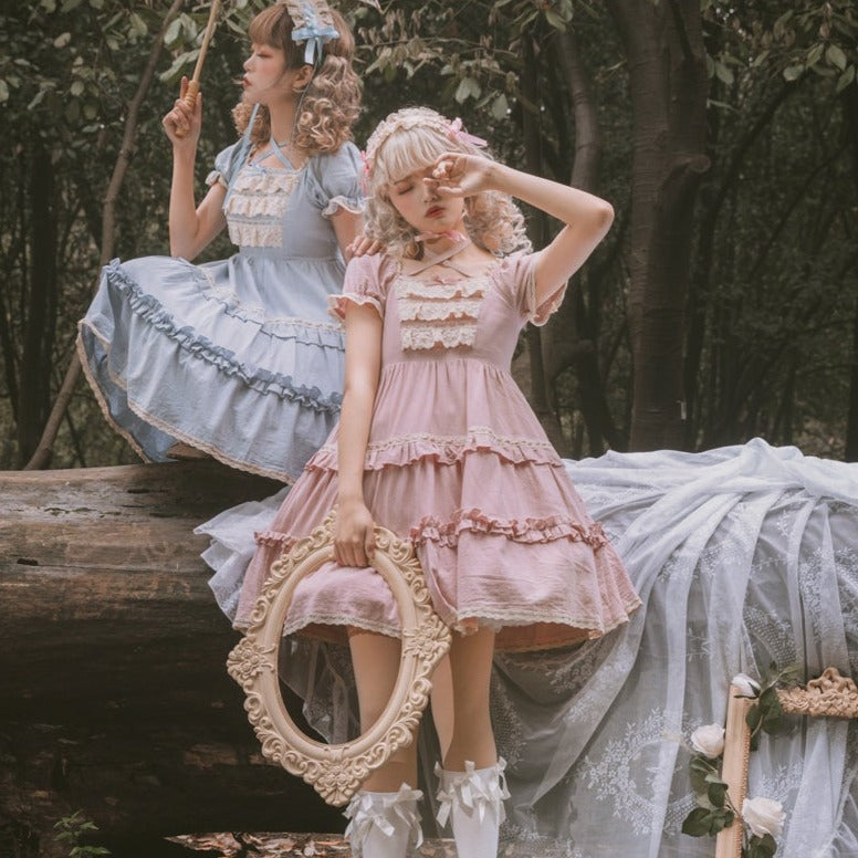 予約販売】フリルスクエアネック甘ロリ半袖ワンピースとヘッドドレス