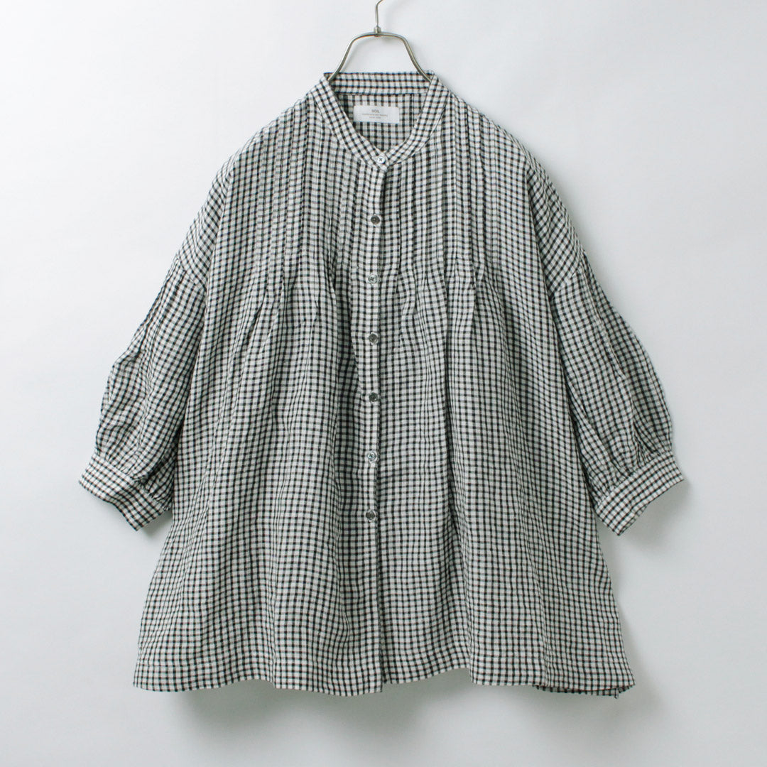 SOIL（ソイル） リネン チェック バンドカラー ピンタックシャツ
