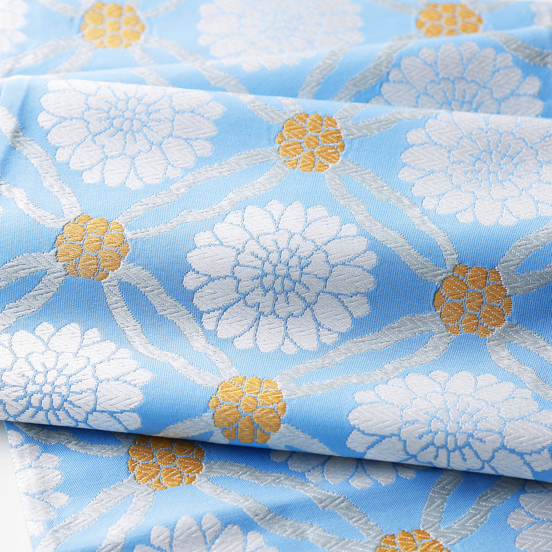 瑠璃 るり 七宝文 菊花 水色 淡黄色 青 袋帯 西陣織 – ROKUMONJIYA