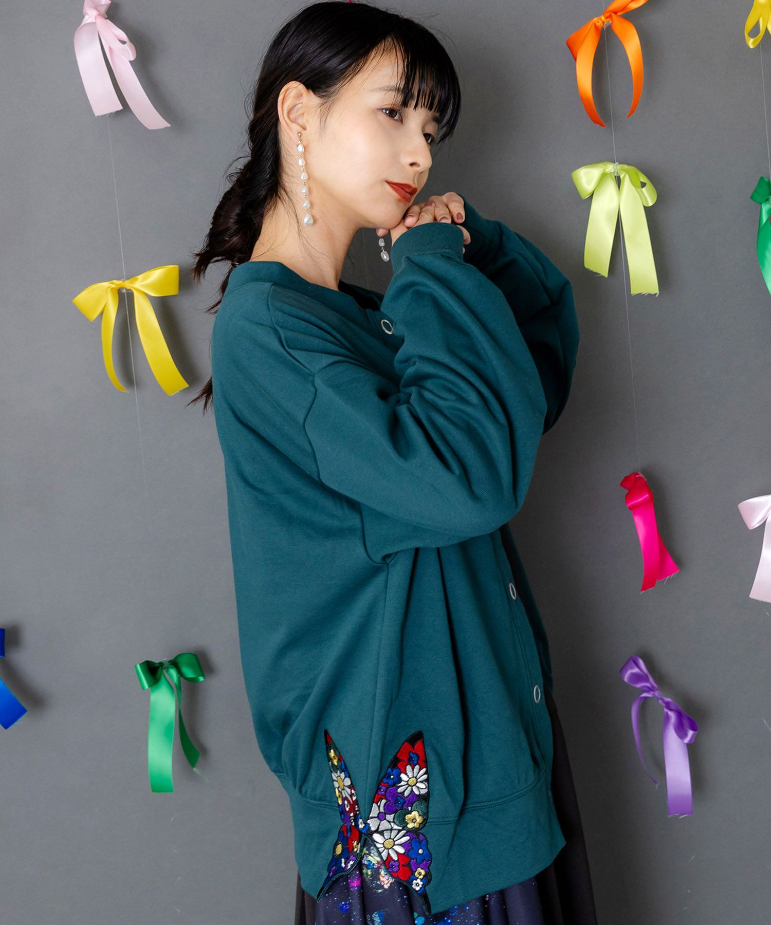 153784：裾蝶刺繍2wayミニ裏毛カーディガンの通販-ScoLar