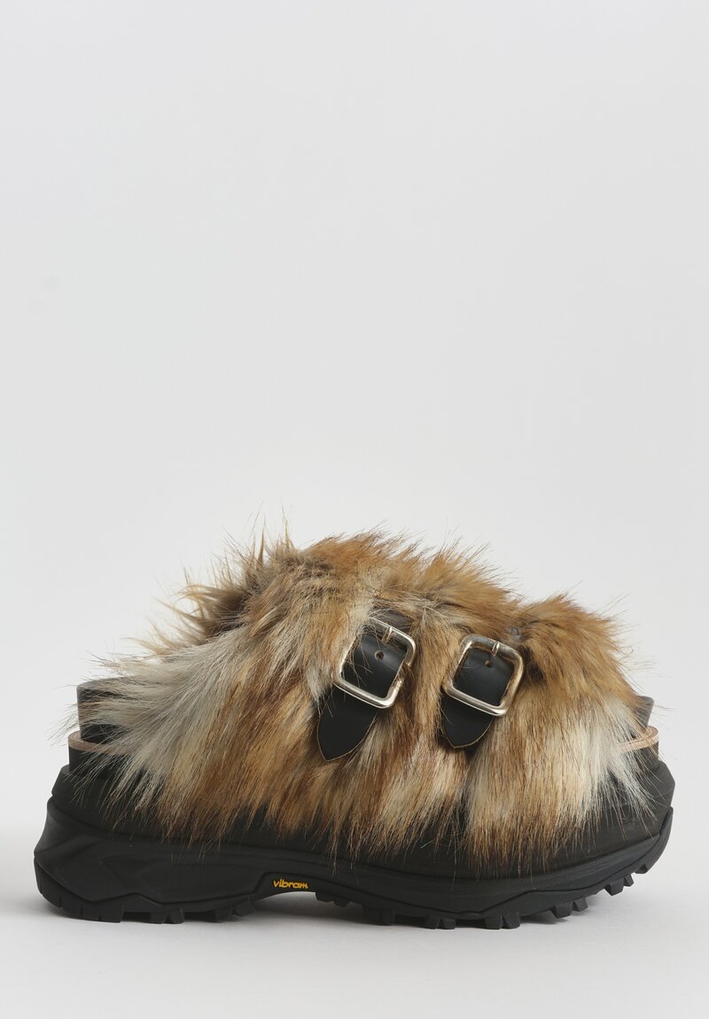 Sacai Faux Fur Platform Slides in Black & Brown | Santa Fe Dry