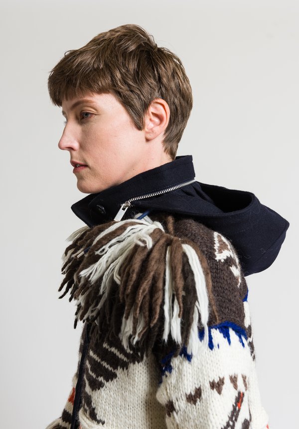 Sacai Wool Geometric Knit Loose-Spun Fringe Jacket in Ecru/ Brown