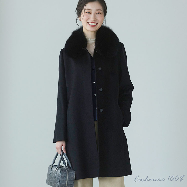 カシミヤ 100% コート レディース ファー 襟付き 比翼仕立て ミドル丈