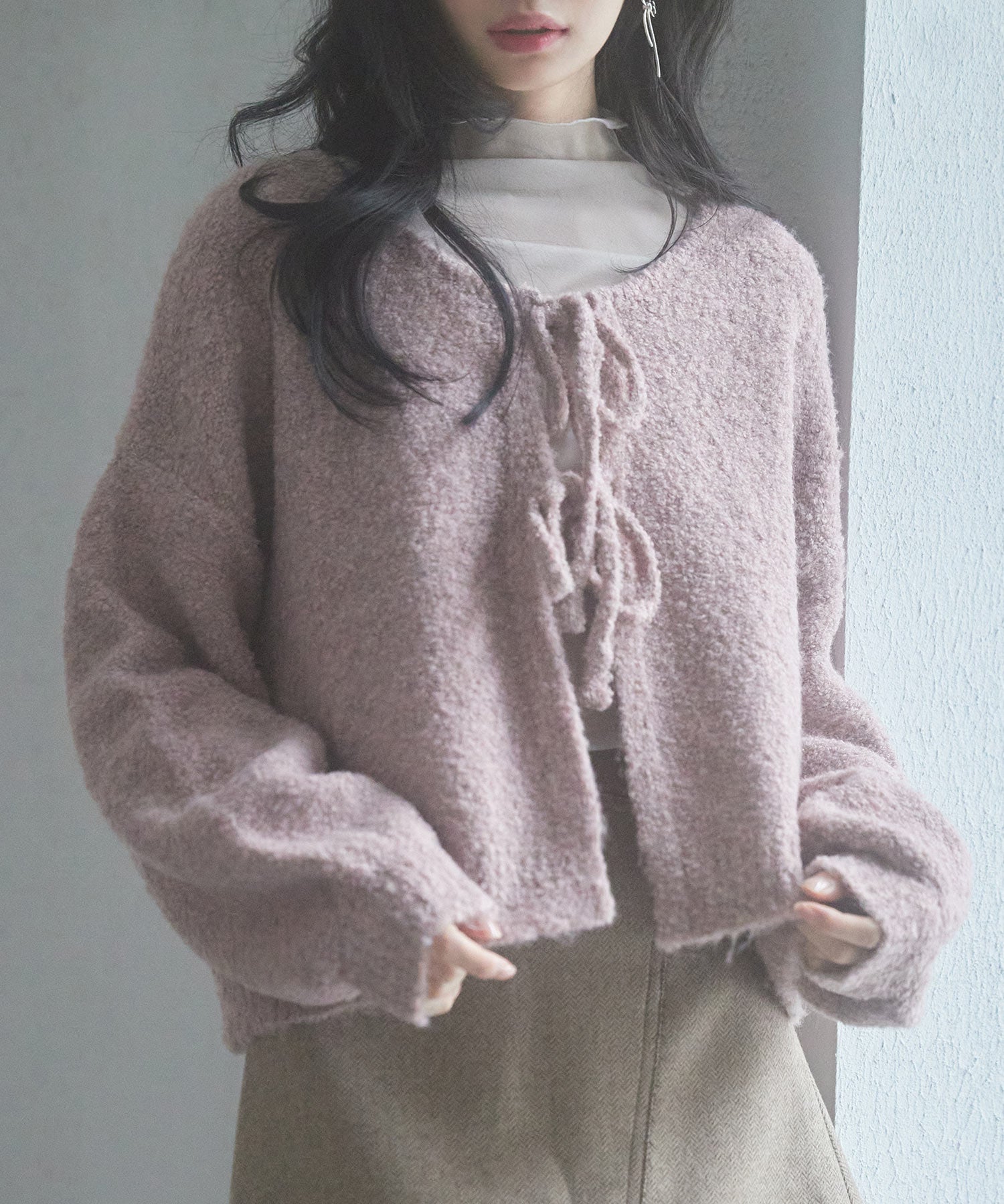 フロントリボンドロップショルダーニットカーディガンsdp8027 ピンク