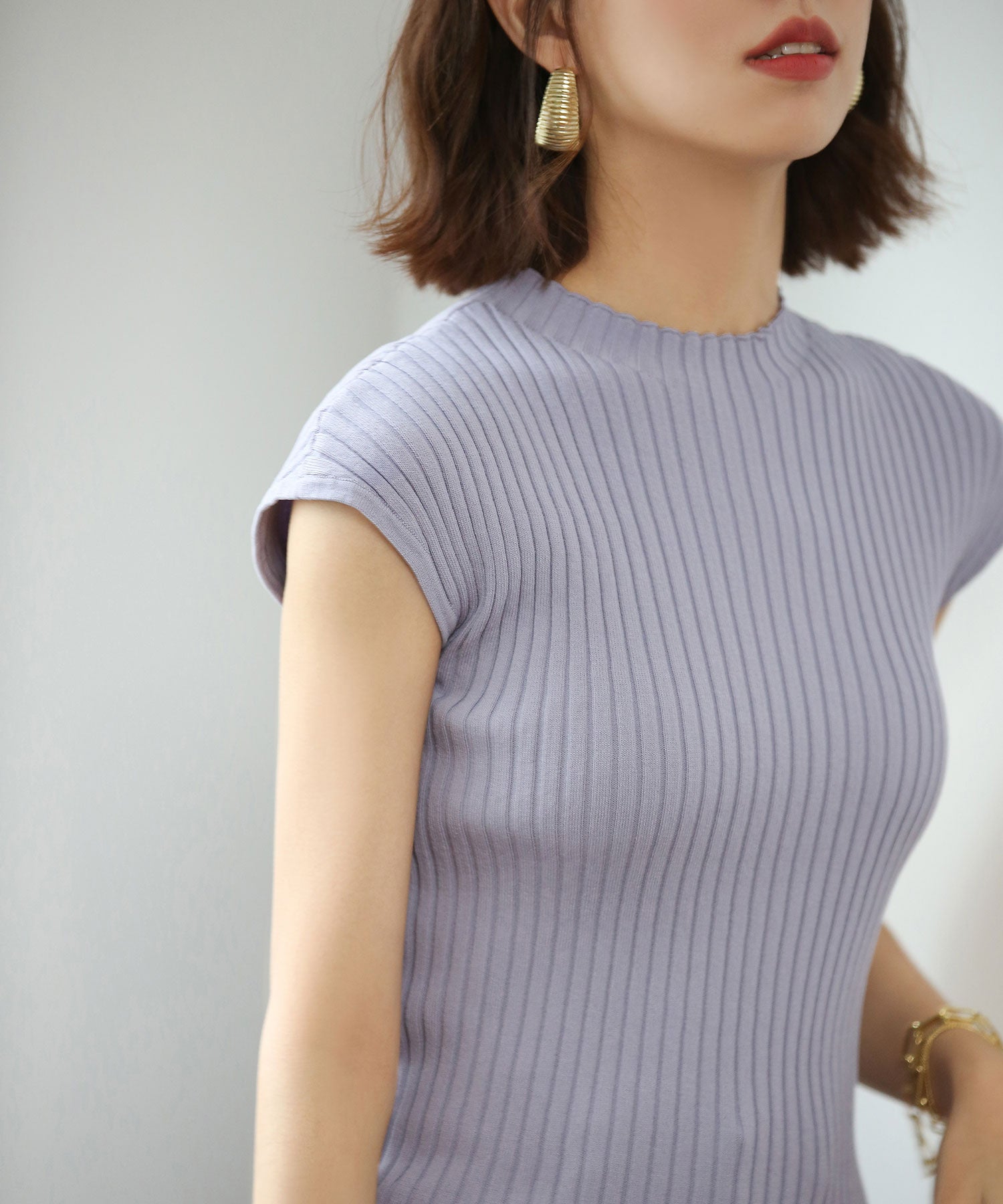 フレンチスリーブリブ切替サマーニットトップスxyf9299 パープル