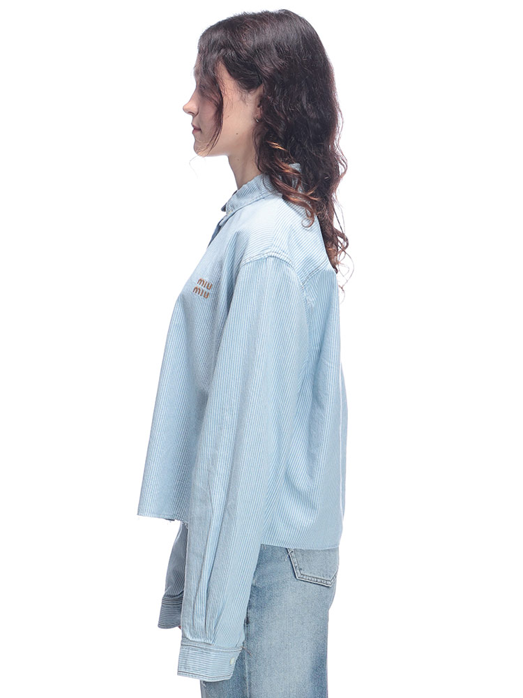 MIU MIU (ミュウミュウ) ロゴ刺繍 ストライプ 長袖 クロップドシャツ