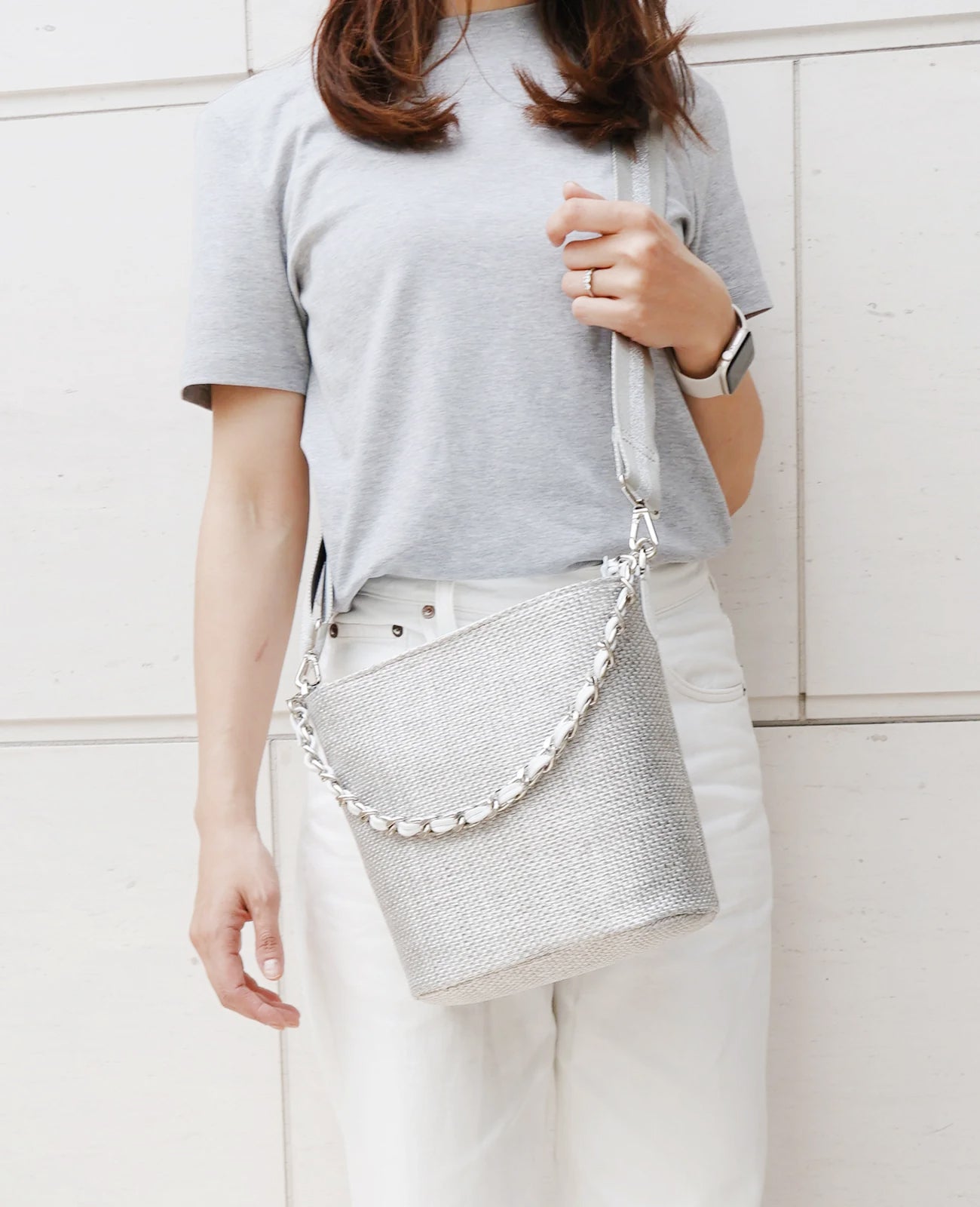 2WAY バケツ型 ラフィア調かご素材バッグ チェーンハンドル付 1809-ra