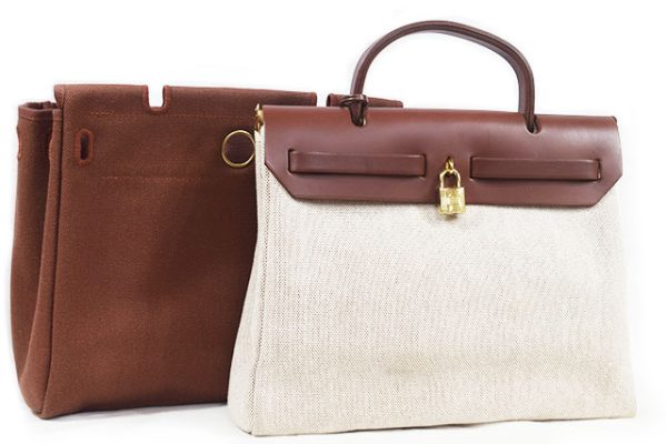 売切】エルメス エールバッグ PM ブラウン×ナチュラル G金具 トワル