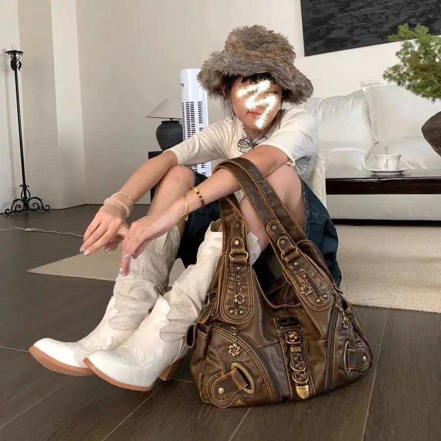 Y2K Vintage Leather Women's Tote Bag - Large Capacity Retro Grunge