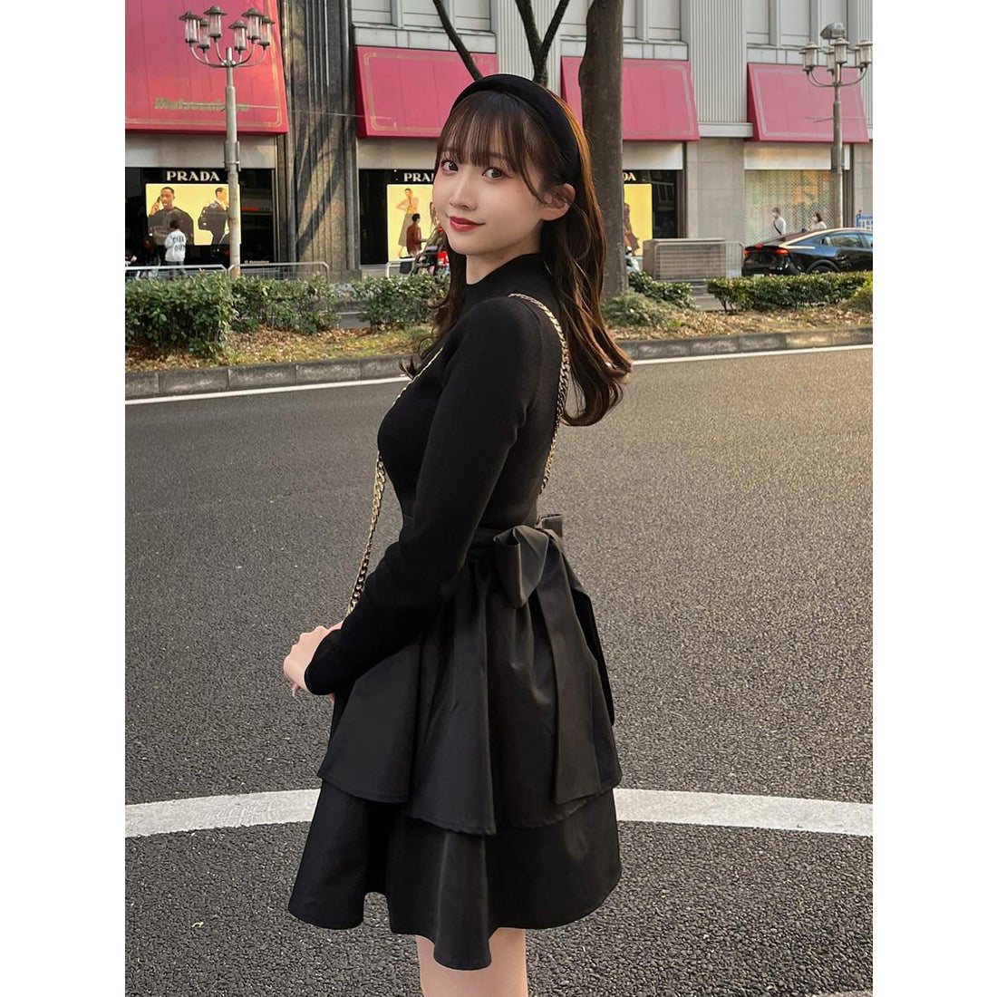 ダーリッチ Darich バックリボンティアードミニワンピース （ブラック