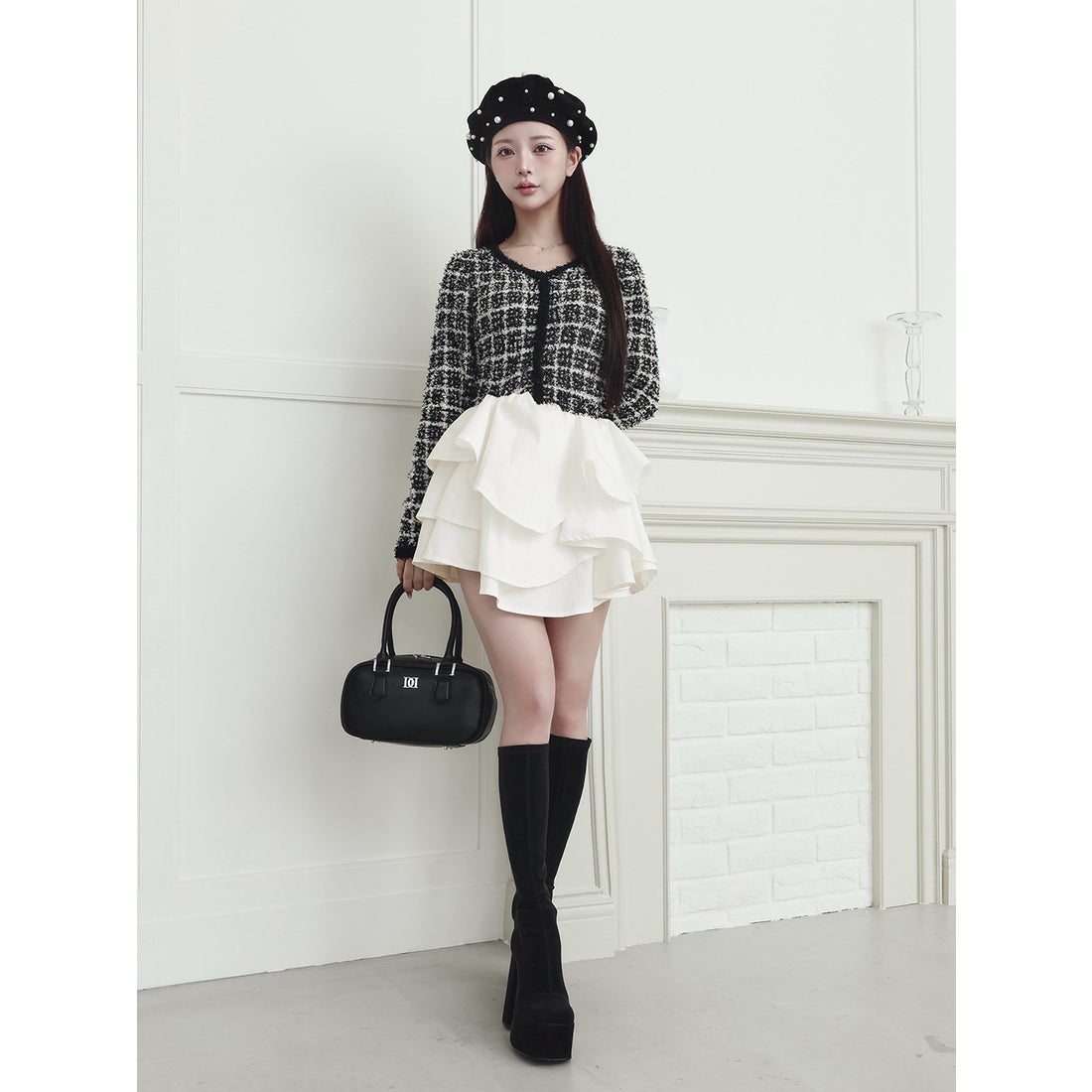 ダーリッチ Darich ボリュームフリルツイードニットミニワンピース