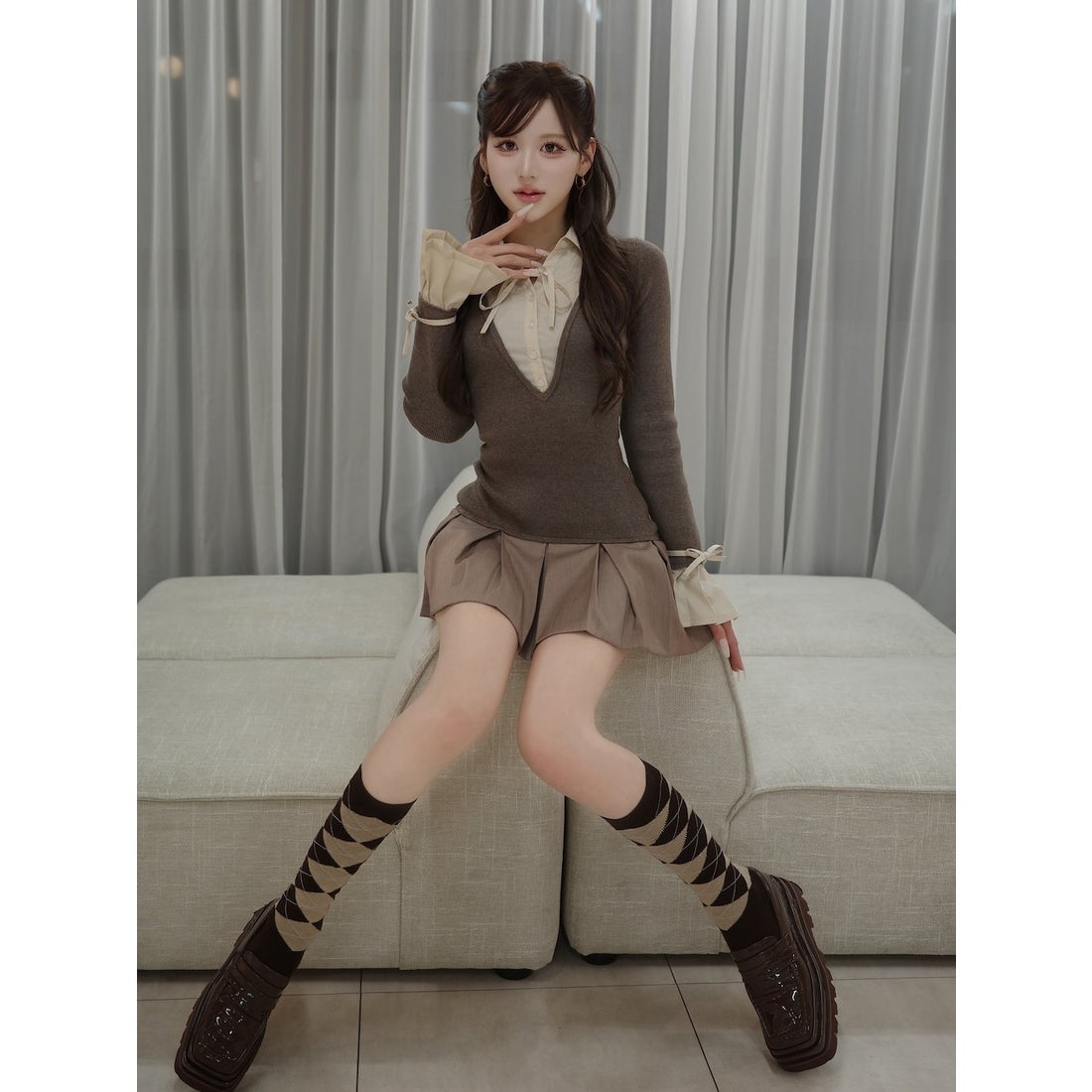 ダーリッチ Darich シャツドッキングプリーツミニワンピース （モカ