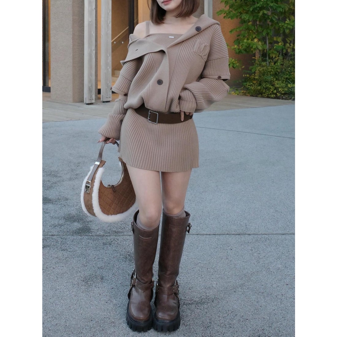 ダーリッチ Darich ローウエストデザインニットワンピース （モカ