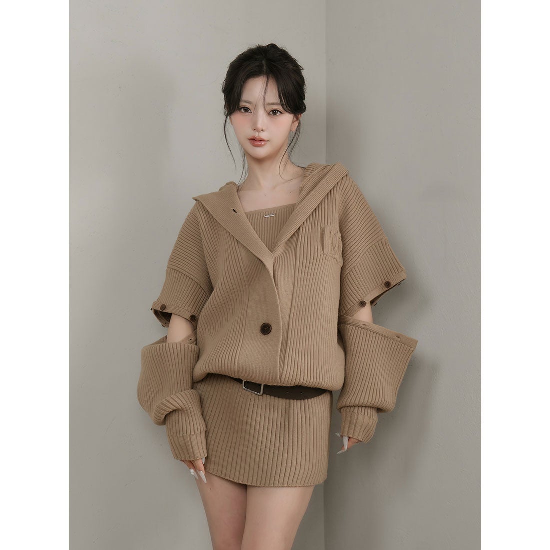 ダーリッチ Darich ローウエストデザインニットワンピース （モカ