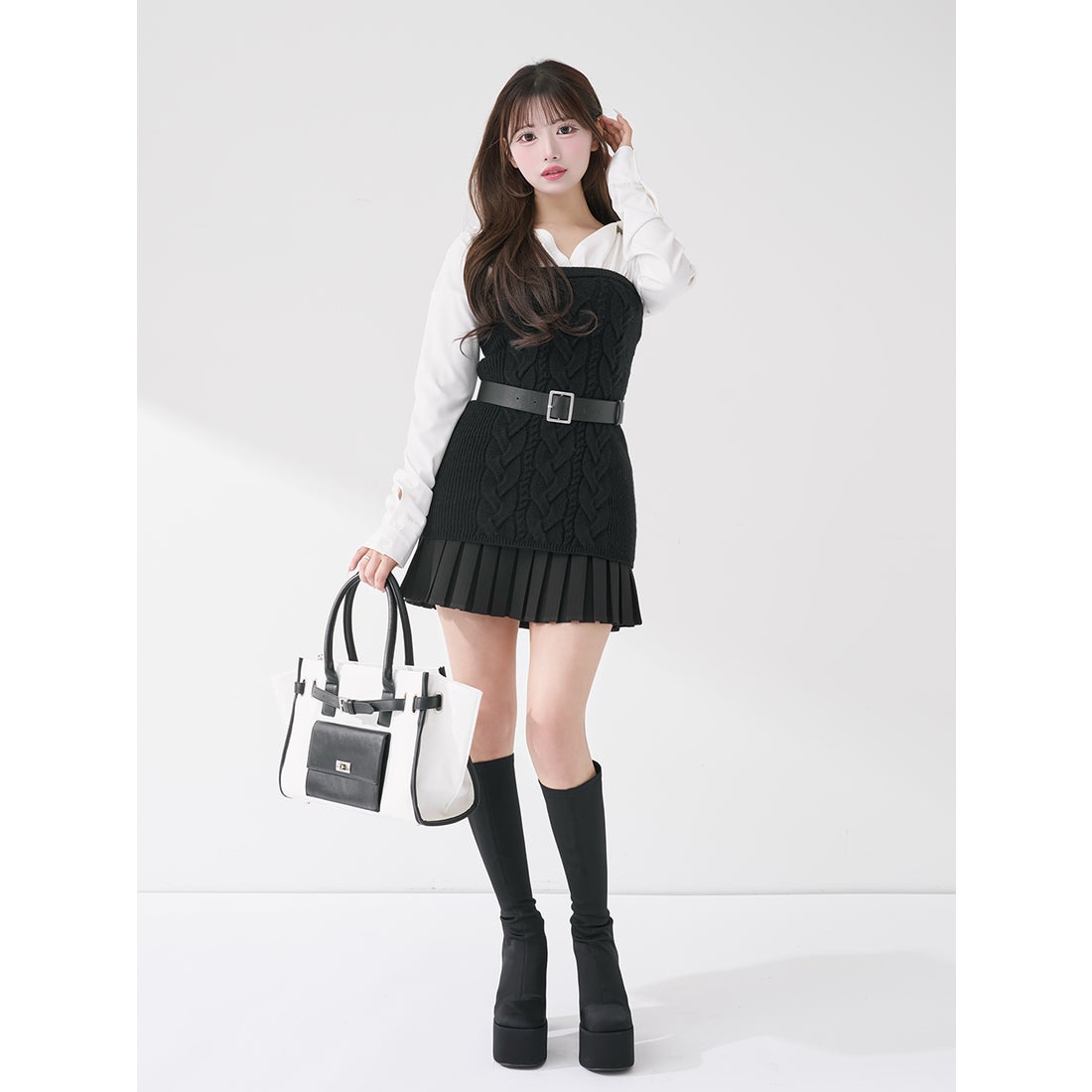 ダーリッチ Darich シャツドッキングプリーツニットミニワンピース