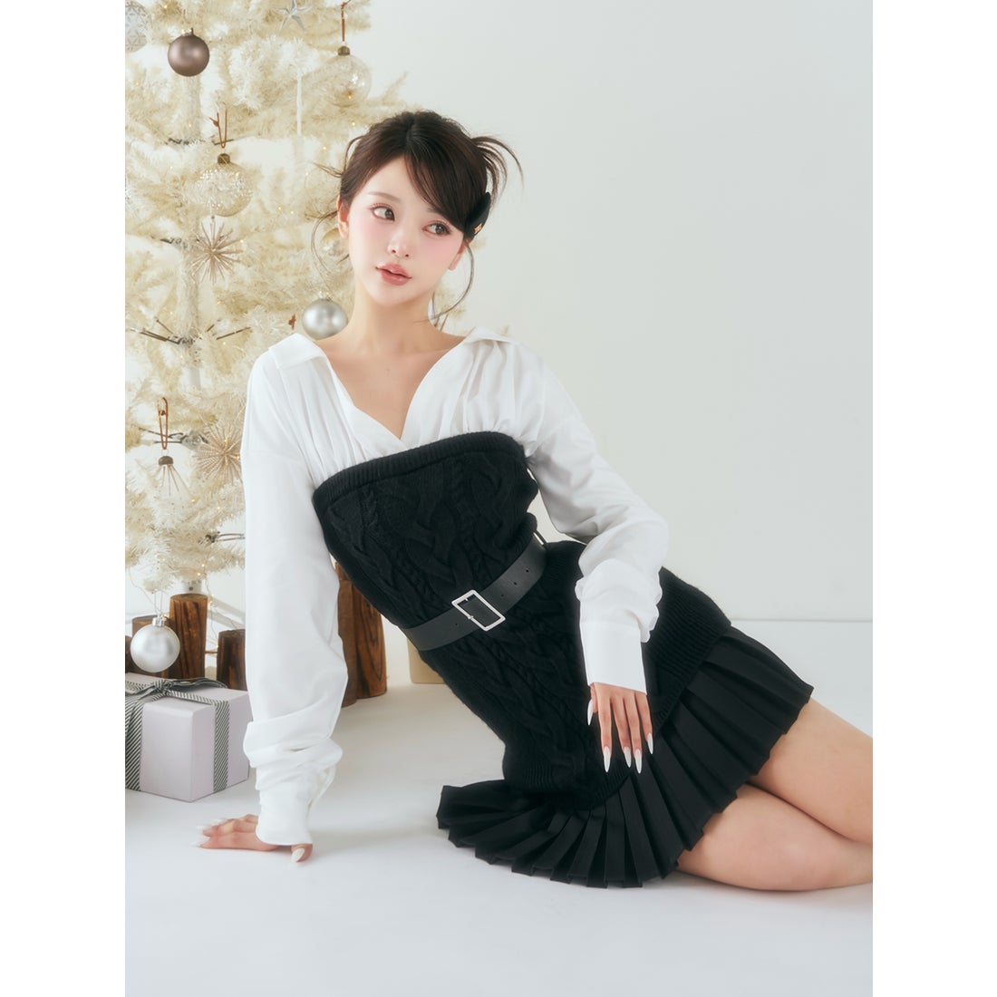 ダーリッチ Darich シャツドッキングプリーツニットミニワンピース