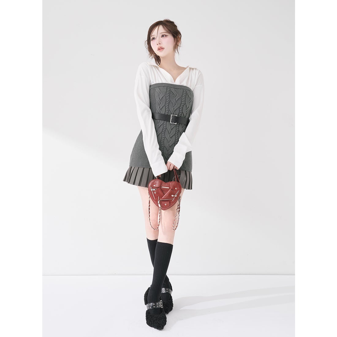 ダーリッチ Darich シャツドッキングプリーツニットミニワンピース