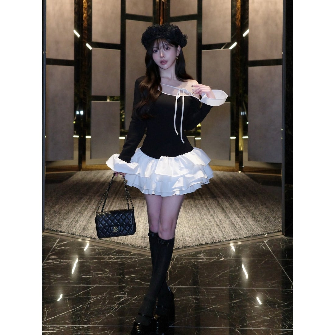 ダーリッチ Darich デザインネックリボンミニワンピース （ブラック