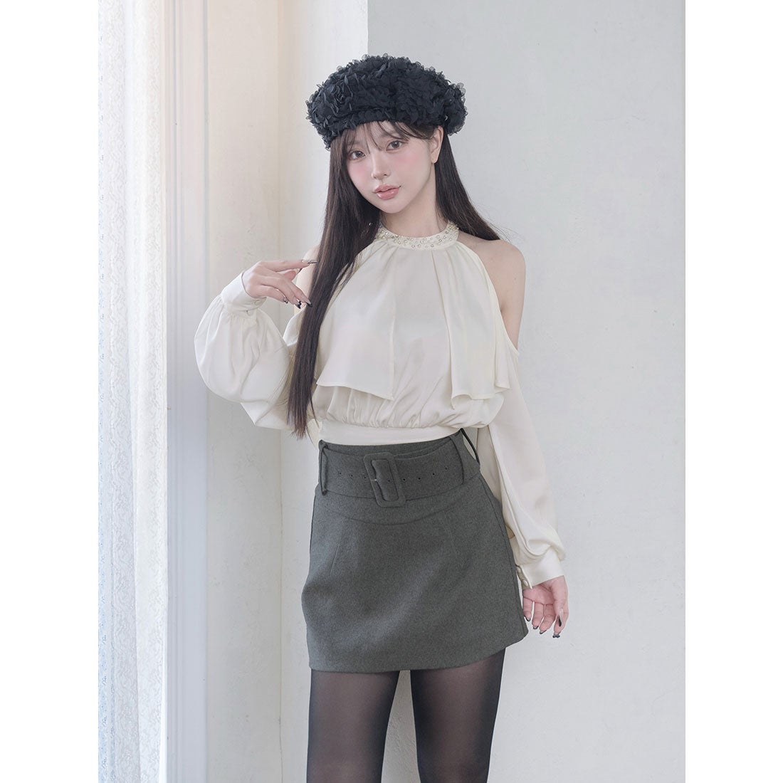 ダーリッチ Darich パールネックアメスリブラウス （ホワイト