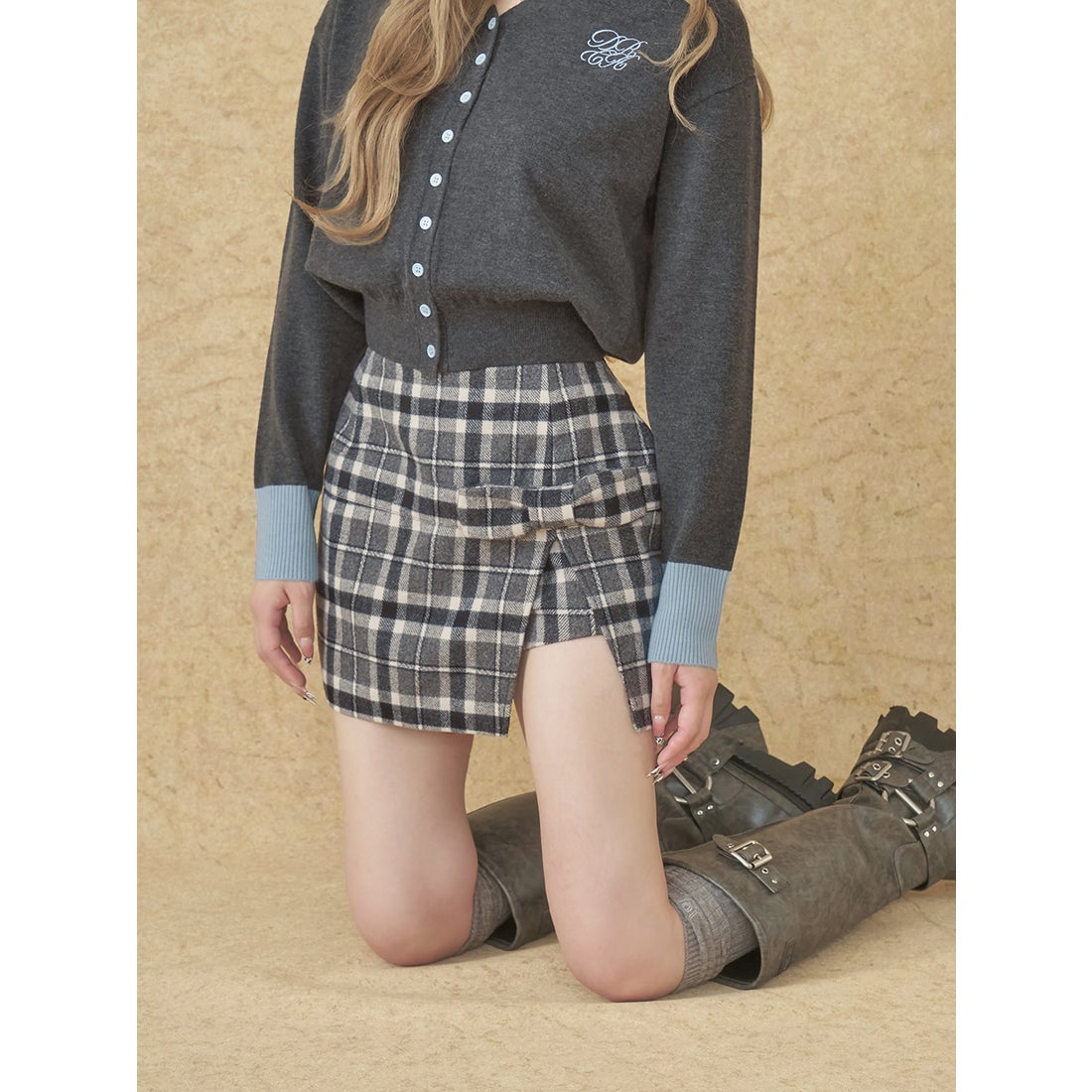 ダーリッチ Darich スリットチェックリボンミニスカート （グレー