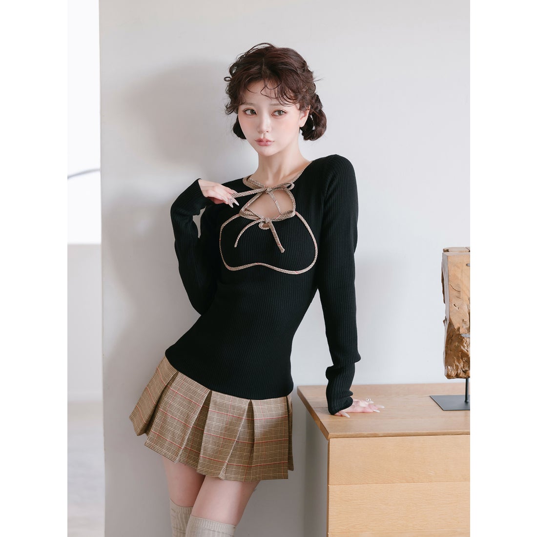 ダーリッチ Darich ポイントチェックニットミニワンピース （グレー