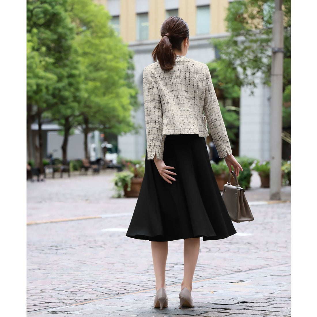 フロリア Flolia チェック柄ツイードノーカラージャケット フレア