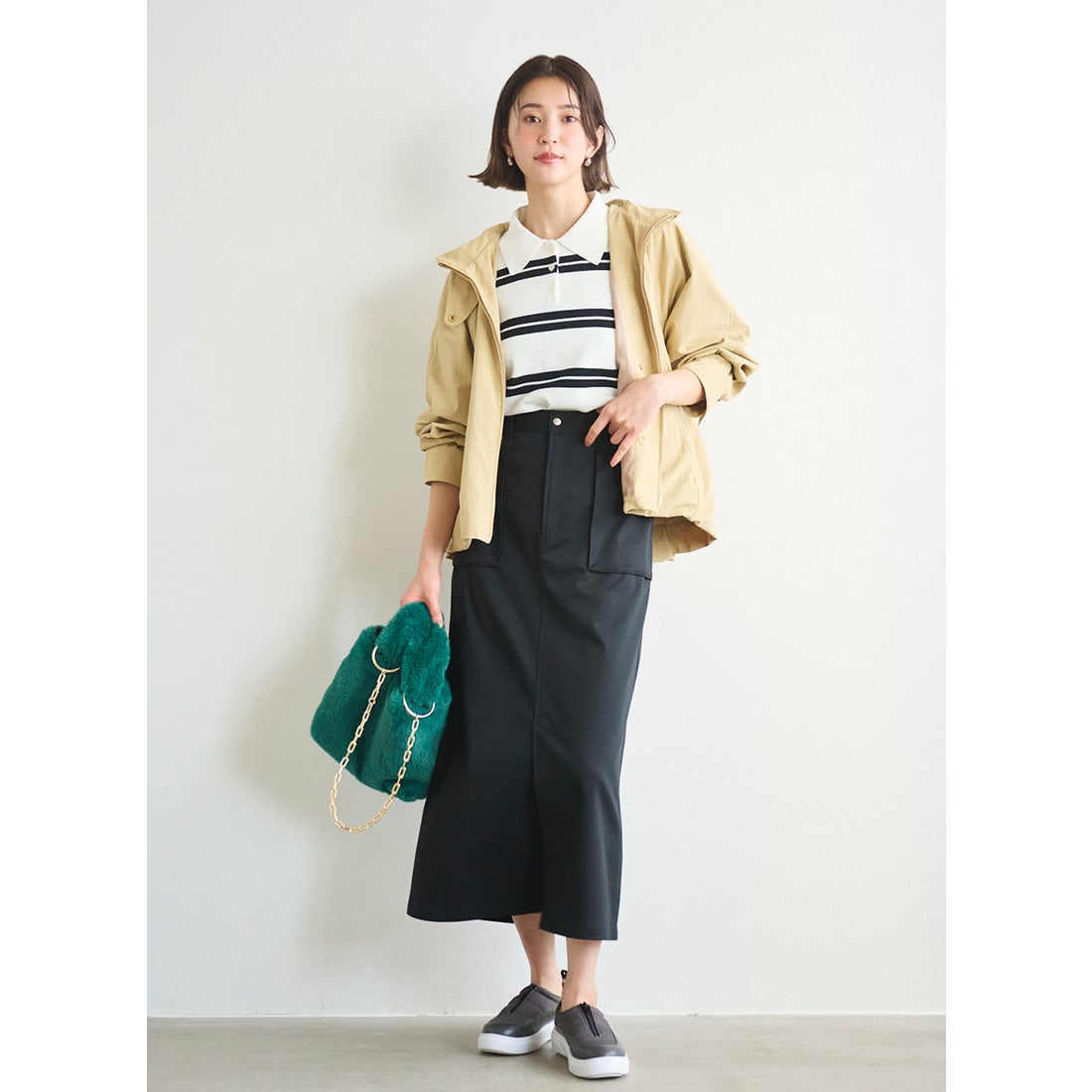 ルーニィ LOUNIE ニットラガーシャツ （グリーン×ネイビー