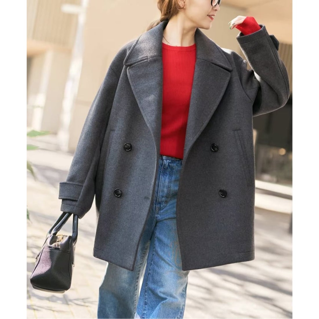 Spick and Span グレーウールコート フリース襟付き スピック＆スパン