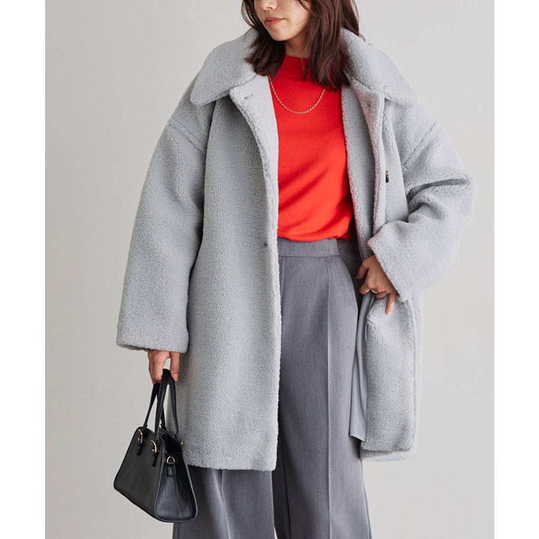 Pierrot ボアステンカラーコート （アイスグレー） -アウトレット通販