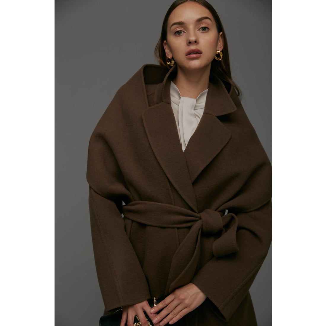 PINKY & DIANNE ストール付きベルテッドリバーコート ココアブラウン