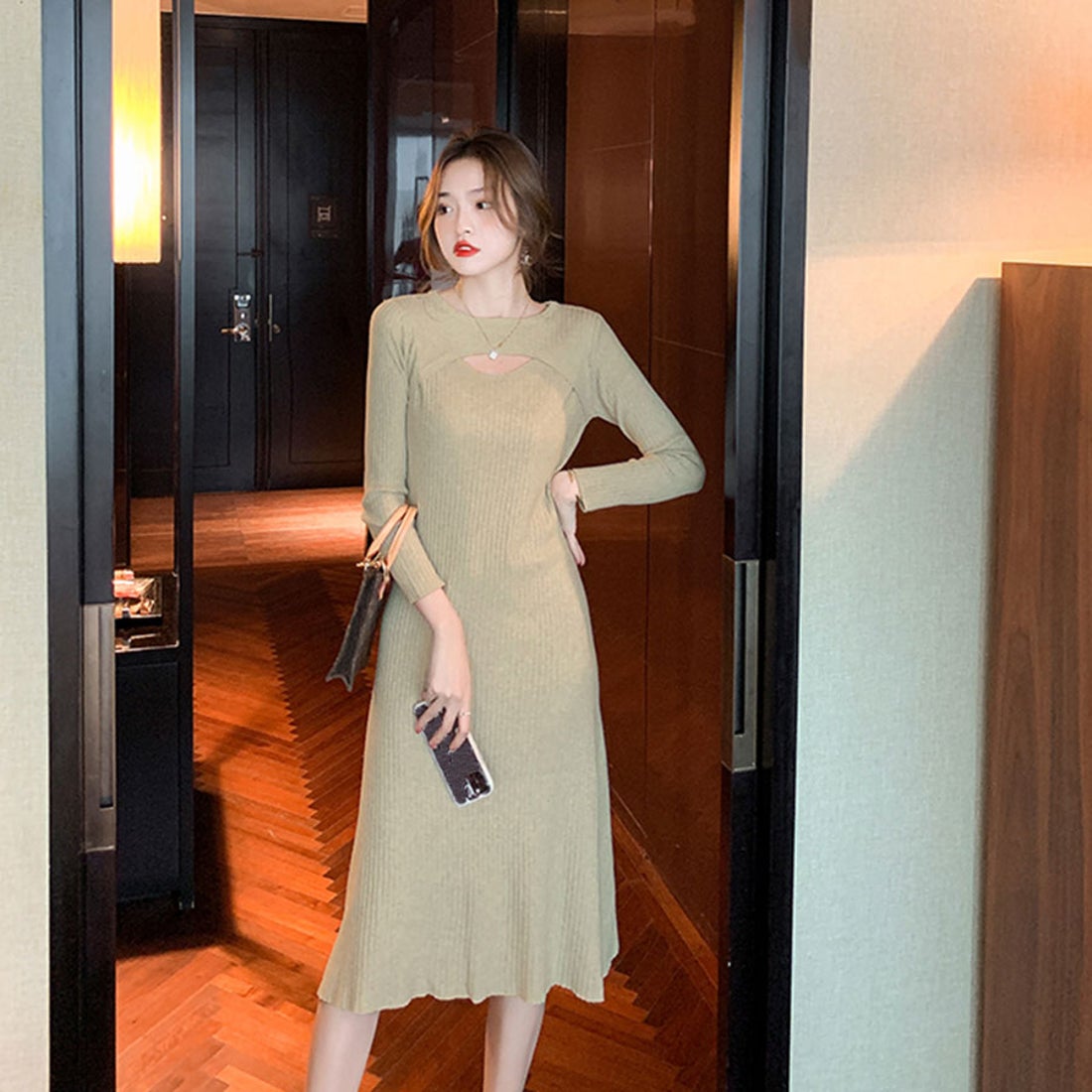 リフ Riff 胸あきリブニットワンピース リブ編み セーター ロング