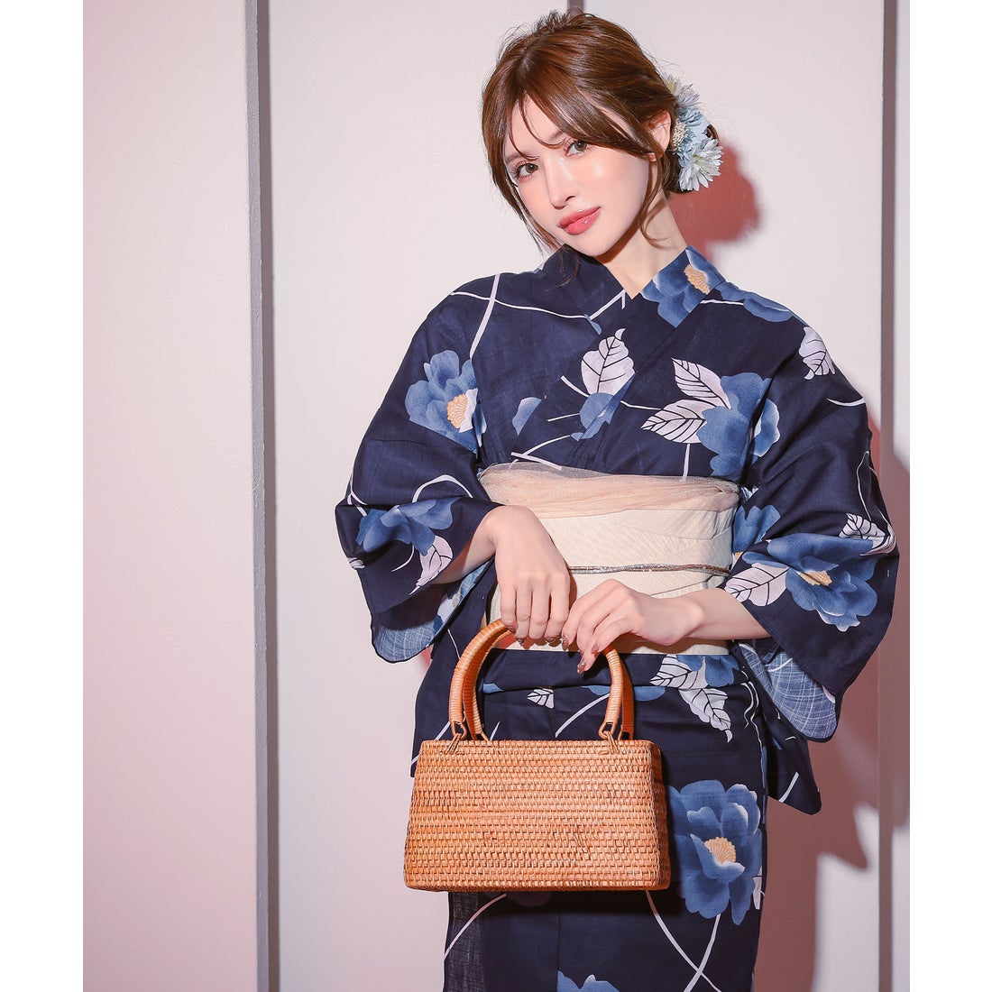 レティカ Retica 浴衣レディース紺地青椿ゆかた2点セット (浴衣+平帯