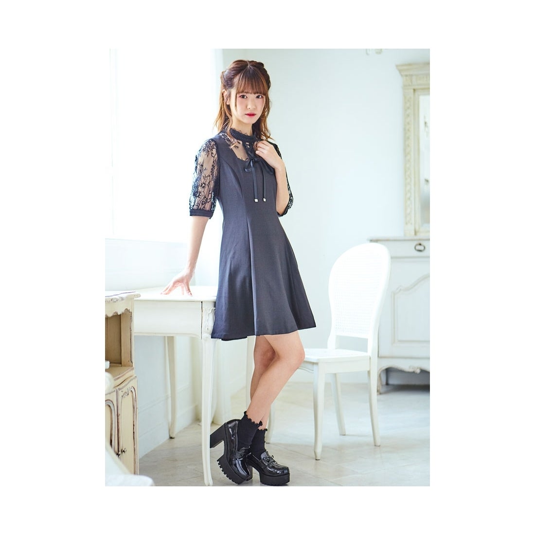 ROJITA FRONTレースアップハイネックワンピース パープル