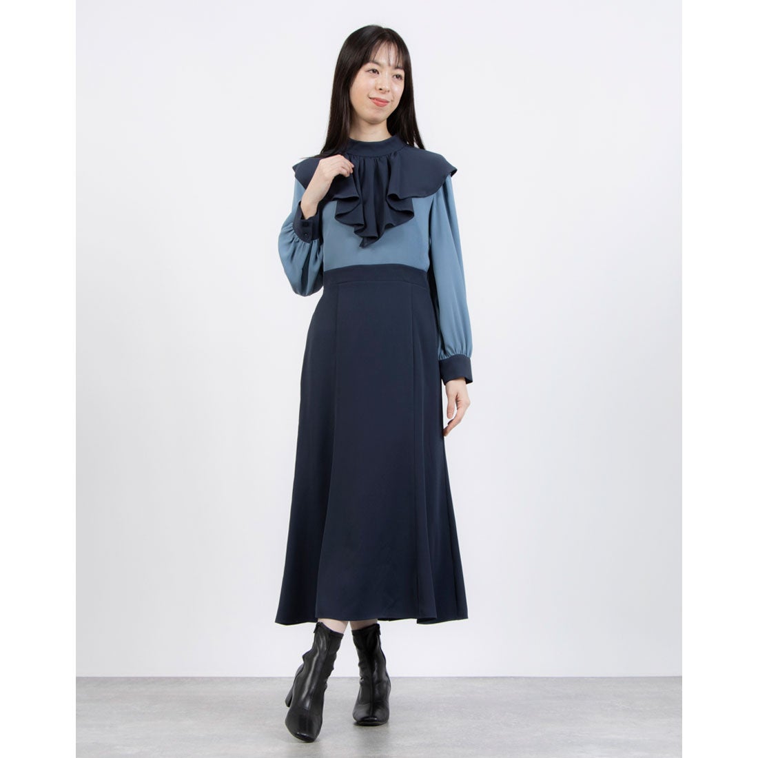 トーナル TONAL バイカラーフリルワンピース （ネイビー