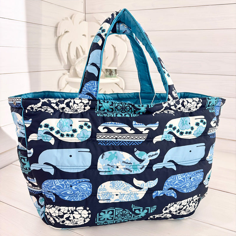 中綿キルティング ビッグトートバッグ 大容量56cm ハワイアン柄 巾着