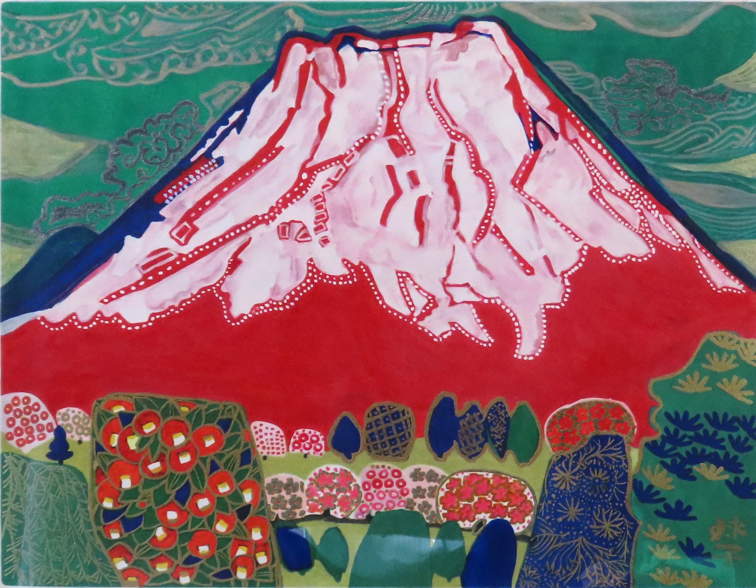 真作】 片岡球子 版画 限定100部 リトグラフ 本人サイン 赤富士 生前作