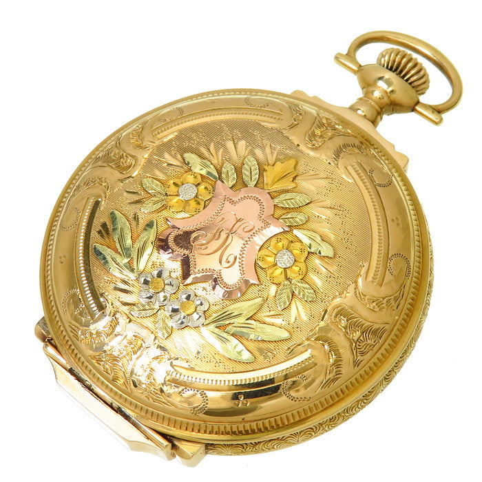 WALTHAM/ウォルサム】 ハンターケース 彫刻 懐中時計 K14ゴールド 手
