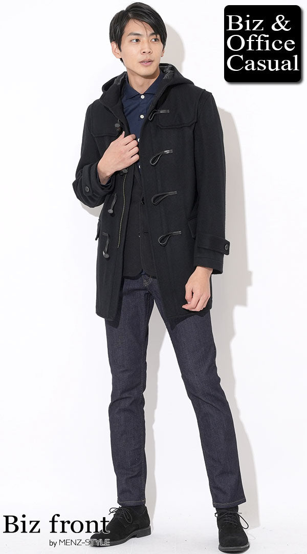 20代】黒メルトンダッフルコート×黒テーラードジャケット×ネイビー