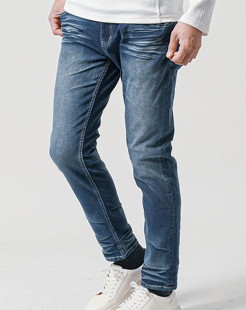 立体ヒゲ加工ストレッチテーパードデニムパンツ メンズ細身 ｜ メンズ