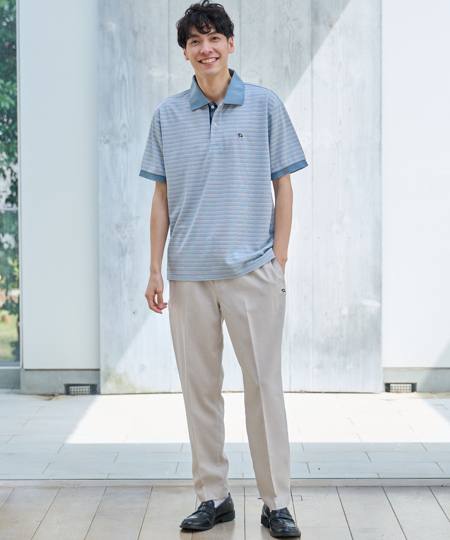 地柄ボーダー ワンポイント刺繍ポロシャツ（ポロシャツ/メンズ