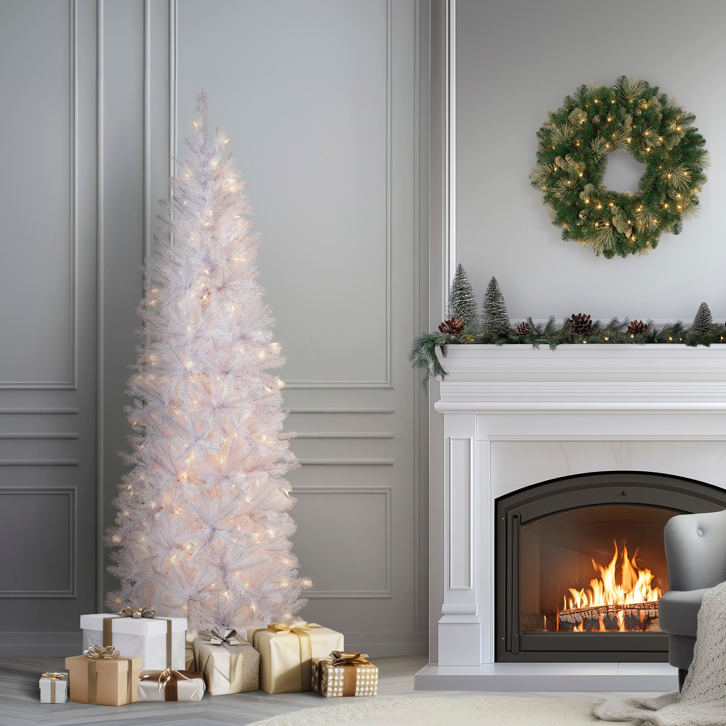 6.5 ft. Pre-Lit Kingswood Fir White Pencil Tree with Clear Lights