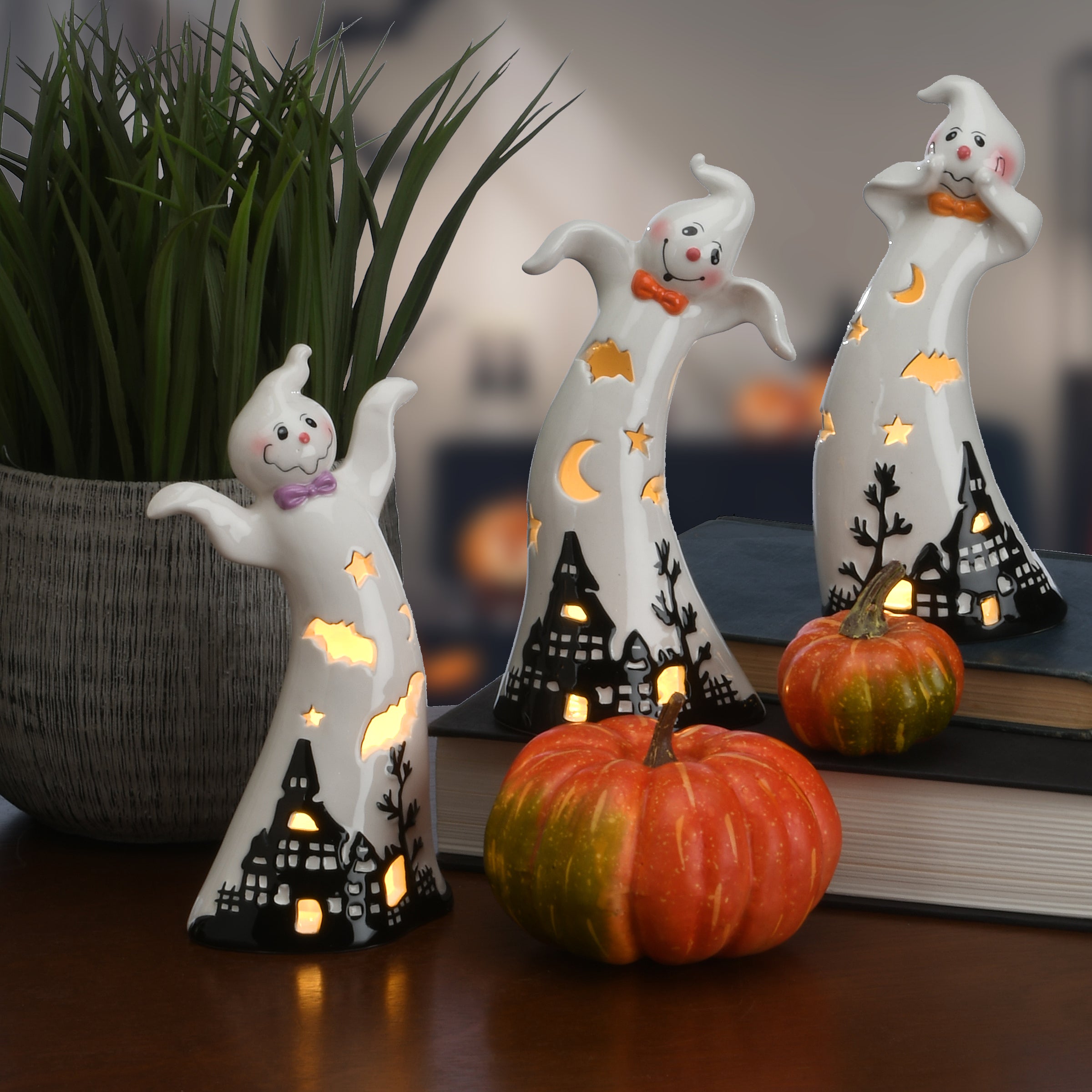 7 in. 3-Piece Halloween Three Dancing Ghosts Ceramic Decoration