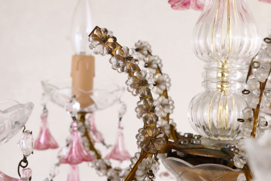 イタリアンムラーノガラス ピンククリスタルシャンデリア(5灯