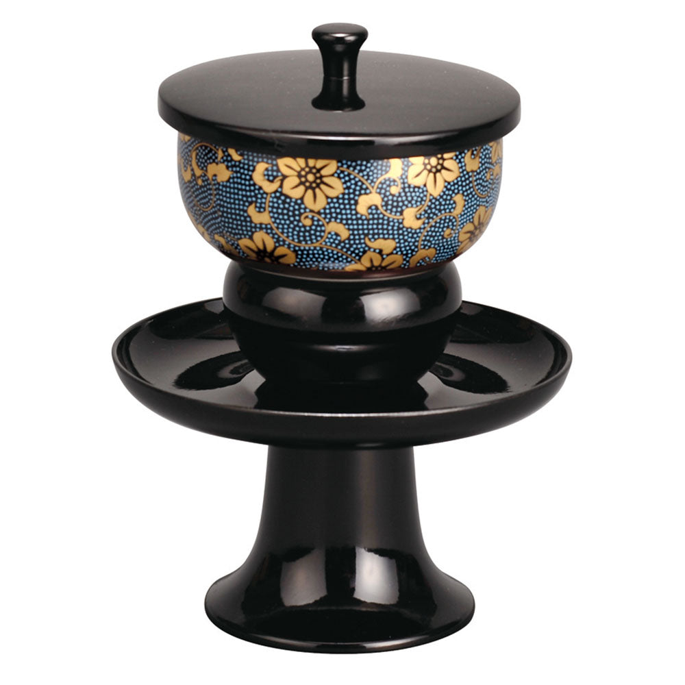 仏具 高茶台セット 九谷焼茶碗付 黒 青粒鉄仙 【メーカー取寄品